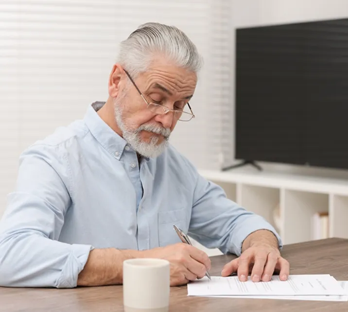 An older man with gray hair and beard, wearing a light blue shirt, sits at a desk and writes on papers.