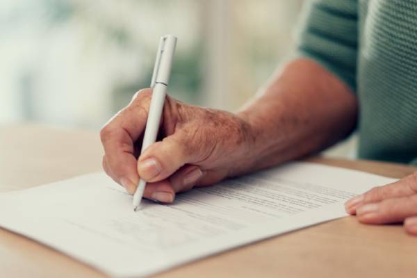 Hands, paper or person with contract to sign on application or documents for will